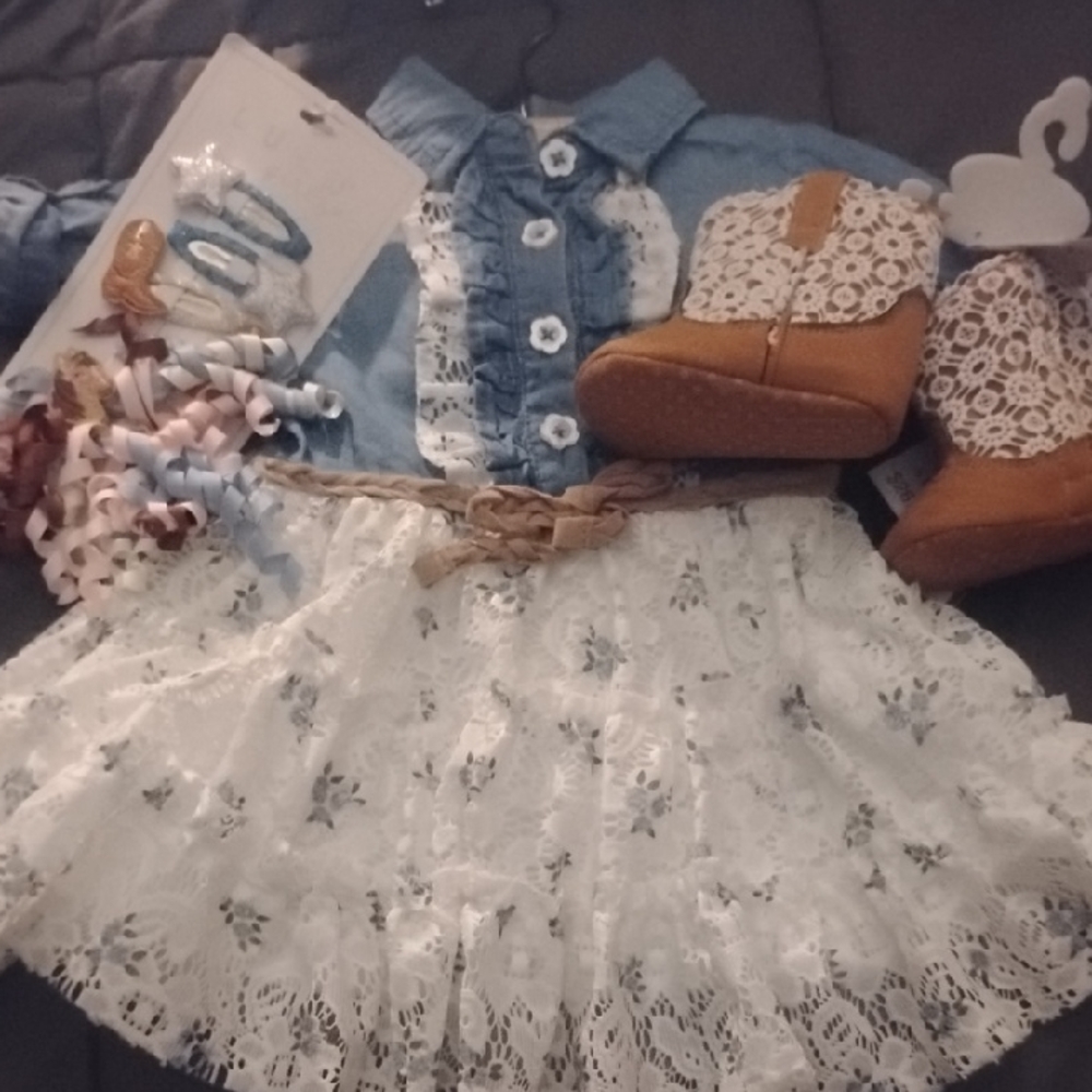 Little Lass Blue and White Lace Dress with Brown Boots